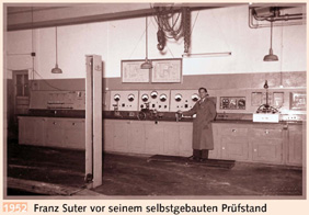 1952 Franz Suter vor seinem selbstgebauten Prüfstand